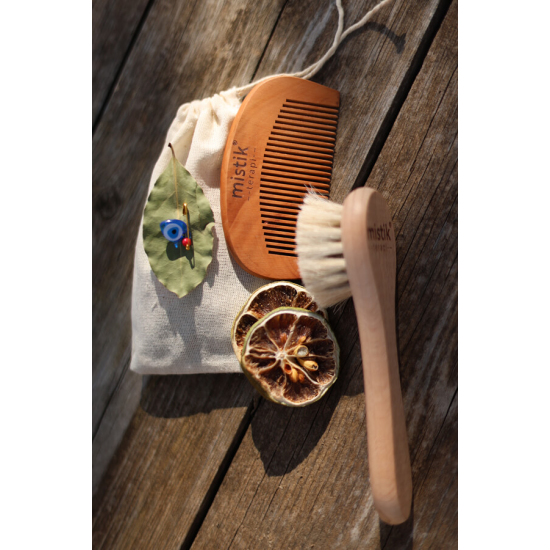 Mistik Terapi 2'li Set | %100 Doğal Keçi Kılı Yumuş Yüz/Saç Bakım Fırçası + Kiraz Ağacı Tarak