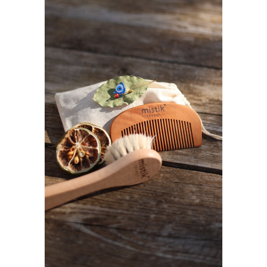 Mistik Terapi 2'li Set | %100 Doğal Keçi Kılı Yumuş Yüz/Saç Bakım Fırçası + Kiraz Ağacı Tarak