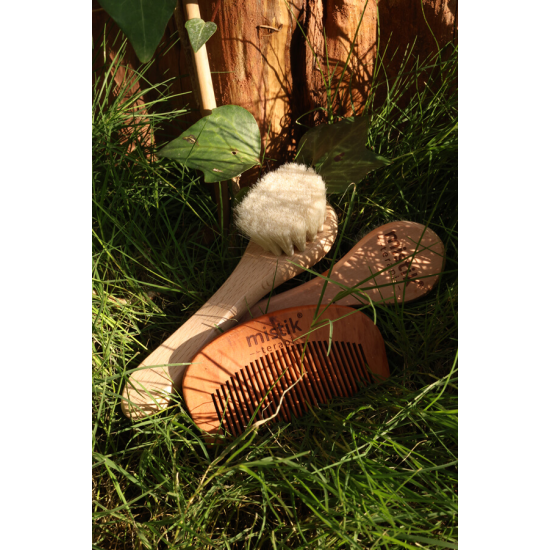 Mistik Terapi 2'li Set | %100 Doğal Keçi Kılı Yumuş Yüz/Saç Bakım Fırçası + Kiraz Ağacı Tarak