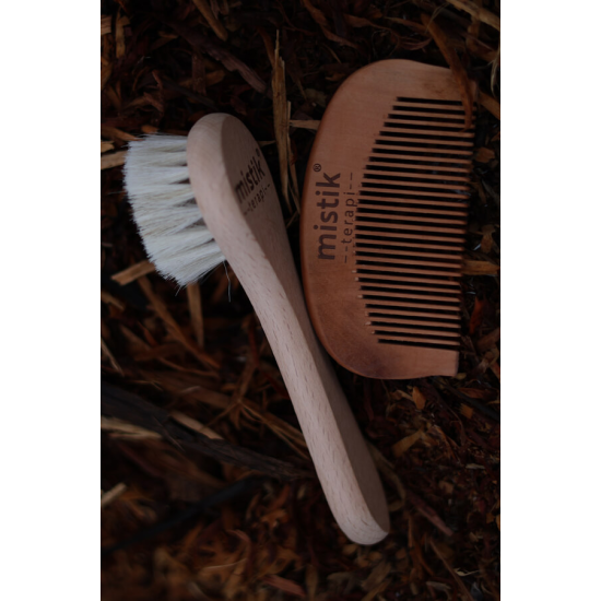 Mistik Terapi 2'li Set | %100 Doğal Keçi Kılı Yumuş Yüz/Saç Bakım Fırçası + Kiraz Ağacı Tarak