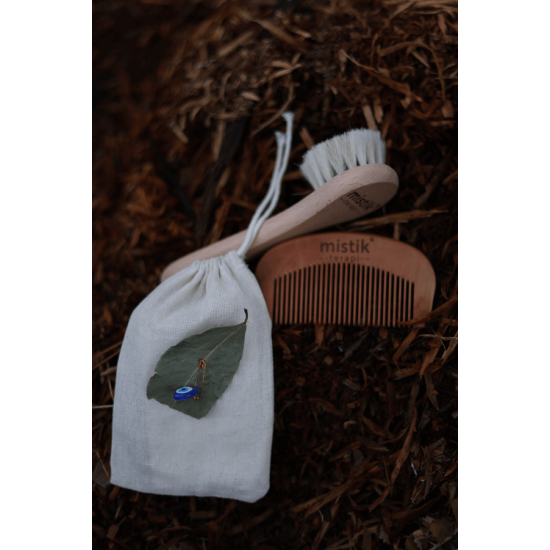 Mistik Terapi 2’li Set | %100 Doğal At Kılı Yüz/Saç Bakım Fırçası + Kiraz Ağacı Tarak
